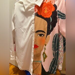 Women's Frida Kahlo face /Abstract Long-Sleeve Split-Print Button-Up Top/ ARTIST